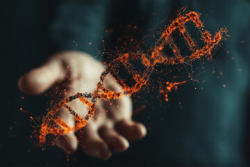 A glowing DNA helix floating above a human hand