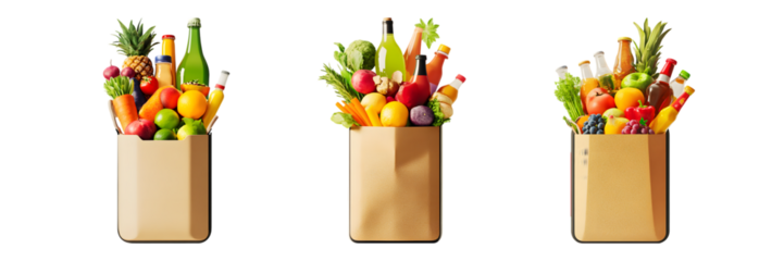 3 grocery bag full of fresh food and drinks emerging from the screen, isolated on white background