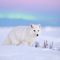 Naklejka premium A majestic polar bear stands gracefully on a snowy landscape, its thick white fur contrasting beautifully with the glistening snowflakes around it.
