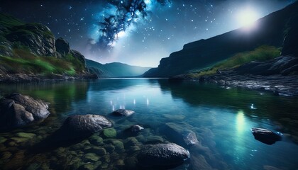 starlit water glides between ancient rocks soft murmurs breaking the mountain s midnight silence reflecting fragments of celestial light