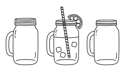 Glass MugsMason jar glass mug with lemonade vector illustration. Includes empty mugs with and without lid.