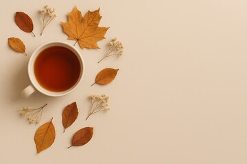 Elevated view showcases warm tea cup encircled by autumn leaves and sprigs on a neutral background.