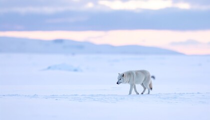 A majestic polar bear strides gracefully across a vast expanse of pristine, snow-covered ground, its white fur contrasting beautifully with the icy landscape.
