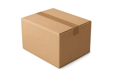 Sealed cardboard shipping box sitting on transparent background, representing packaging logistics