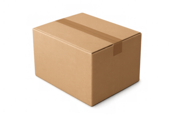 Sealed cardboard shipping box sitting on transparent background, representing packaging logistics
