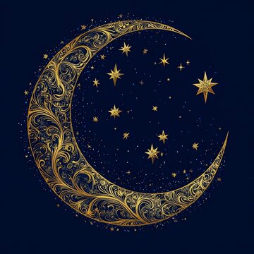 Crescent moon and stars in gold filigree deep navy backdrop cultural generality