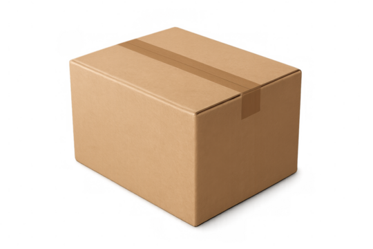 Sealed cardboard shipping box sitting on transparent background, representing packaging logistics