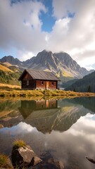 Fototapeta premium A quaint, rustic cabin with a wooden exterior rests peacefully on the tranquil shore of a shimmering lake, surrounded by lush greenery and tall trees.