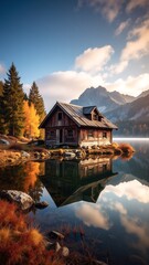 Fototapeta premium A charming, small house with a cozy porch sits on the tranquil shore of a sparkling lake, surrounded by lush greenery and colorful wildflowers.