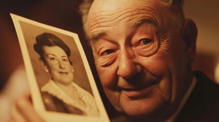 Elderly man looking at a vintage photo