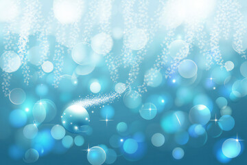 Light turquoise abstract background with bright bokeh circles and shimmering stars creates a...