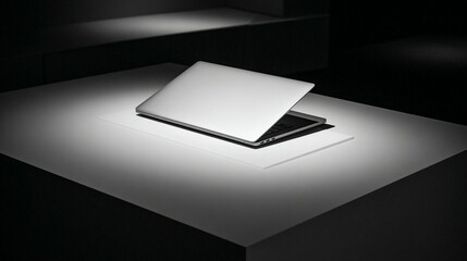 Sleek silver laptop on minimalist display technology business and website concept