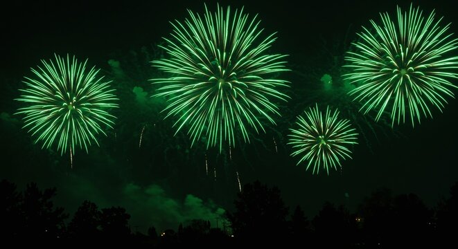 Green Fireworks Exploding in Night Sky with Silhouetted Trees