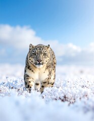 Fototapeta premium A majestic snow leopard gracefully strides across a pristine, snowy field, its thick, spotted fur blending beautifully with the winter landscape.