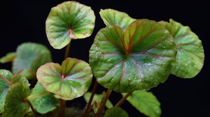 Closeup of round lush green leaves with red veins
