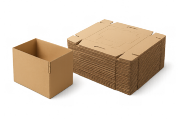 Open and folded cardboard boxes isolated on transparent background, ready for shipping and packaging