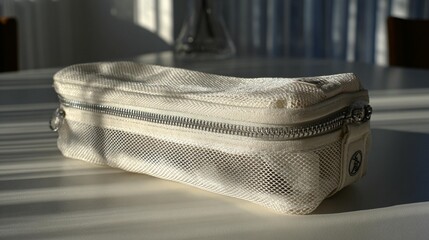 White mesh cosmetic bag on white table minimalist style product photography
