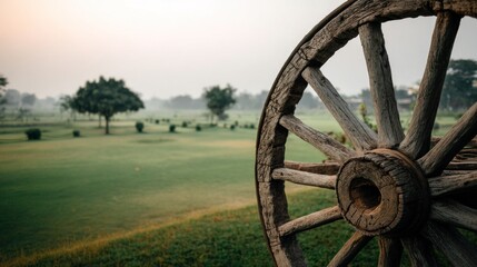 Aged wagon wheel in a misty field