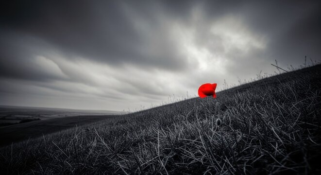 Solitary red poppy stands tall on a desolate field under a dramatic cloudy sky