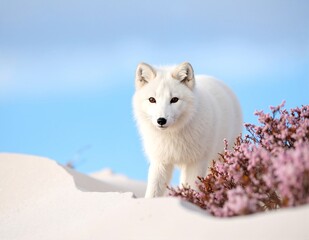 Naklejka premium A majestic white fox stands gracefully in a blanket of fresh, glistening snow, its fur shimmering in the soft winter sunlight, surrounded by a serene, snowy landscape.