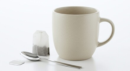 Plain Ceramic Coffee Mug with Tea Bag and Spoon on White Background