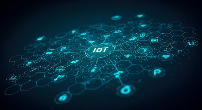 Glowing IOT Network: Connected Devices in Hexagonal Grid on Dark Background