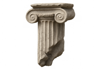 Old broken ionic column capital isolated on transparent background, showing signs of wear and tear, perfect for history or architecture projects