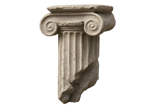 Old broken ionic column capital isolated on transparent background, showing signs of wear and tear, perfect for history or architecture projects