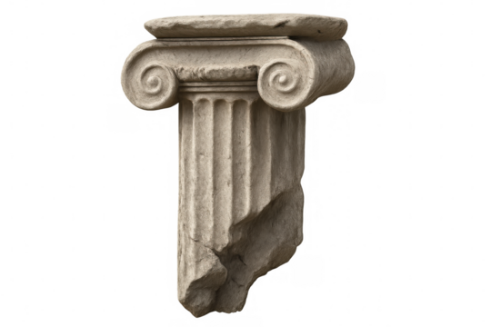 Old broken ionic column capital isolated on transparent background, showing signs of wear and tear, perfect for history or architecture projects
