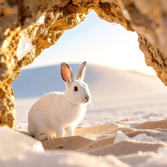A fluffy white rabbit sits calmly on the soft, golden sand inside a spacious cave, surrounded by rugged stone walls and gentle shadows.