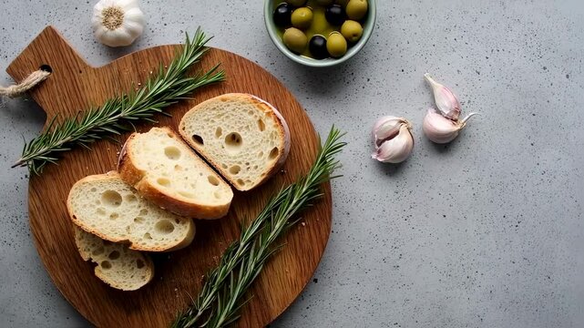 Sliced bread, rosemary, and garlic on a wooden cutting board