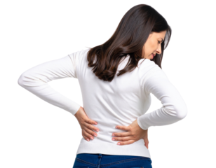 Woman with Acute Lower Back Pain, Hands Pressed to Spine, Side View, isolated on transparent background PNG