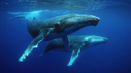 Two humpback whales swim underwater