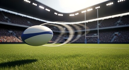 Rugby ball flying through the air with motion blur and water spray in a stadium