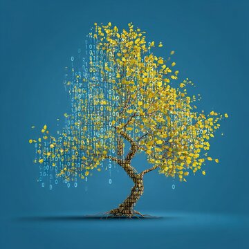 digital tree with binary code leaves representing growth of technology and ideas