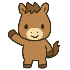 片手を上げるかわいい馬のキャラクター（干支・午年・動物イラスト・背景透過）