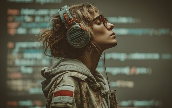 A programmer immersed in their work wearing noise-canceling headphones, with closed eyes and a serene expression, coding concept