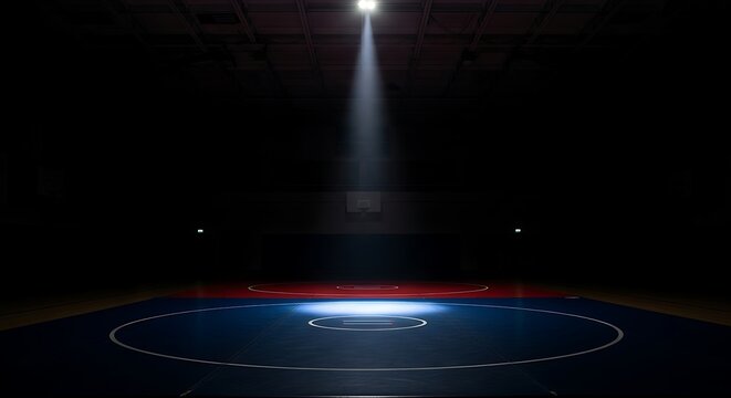 Gymnasium wrestling mat illuminated by a single spotlight creating an atmosphere of intense competition and focus
