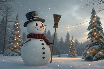 Obraz premium Cheerful Snowman in Red Scarf and Top Hat Standing in Snowy Winter Landscape with Cozy Cabin and Falling Snowflakes