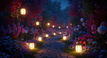 Obraz premium Enchanting Illuminated Garden Pathway Lined with Glowing Lanterns and Abundant Flowers