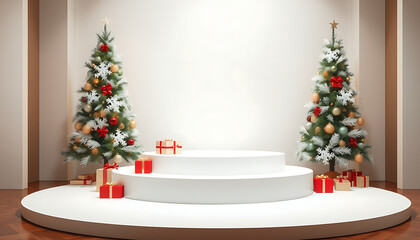 A festive display featuring Christmas trees adorned with ornaments flanking a white presentation platform with holiday gifts.