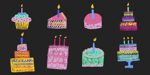 Party kids chalk hand drawing big set. Decoration festive happy birthday holiday items: cakes with candles, bento cake slice, cupcake. Collection baby cute pencil freehand isolated vector illustration