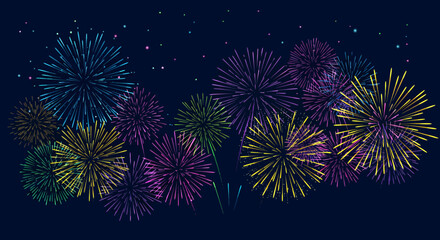 A vibrant vector illustration showcases a dazzling display of colorful fireworks illuminating the night sky, perfect for festive celebrations and event promotions.