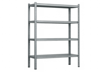 Metal shelving unit with four shelves, ideal for storage organization, featuring a transparent background for easy integration into various projects