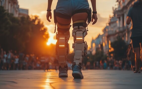 Empowering Mobility A Person with Disability Uses a Robotic Exoskeleton Walking Towards the Sunset on a City Street Innovation