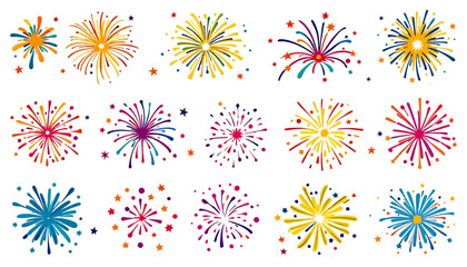 A vibrant collection of colorful, stylized fireworks bursts and sparkling effects, perfect for festive celebrations and graphic design elements.