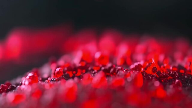 Glistening red crystals showcase vibrant texture and mesmerizing light reflections in captivating close up, creating abstract landscape of wonder