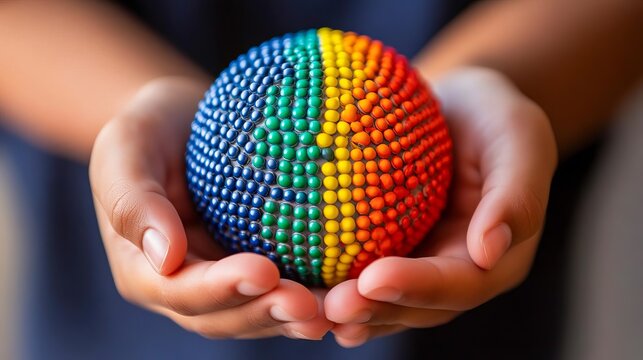 Diverse hands holding a globe made of Braille inclusive learning theme