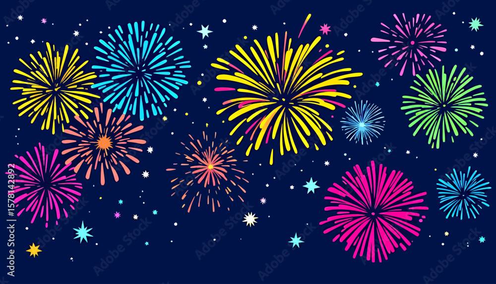 Poster a vibrant vector illustration showcases a colorful display of fireworks exploding against a dark blu