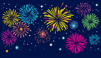 A vibrant vector illustration showcases a colorful display of fireworks exploding against a dark blue night sky, perfect for celebrations, events, and festive designs.